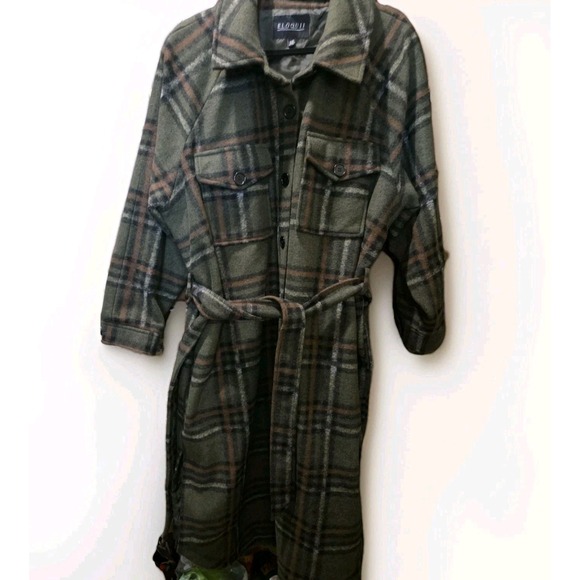 Eloquii Jackets & Blazers - ELOQUII Long Plaid Belted Shacket Coat Green Brown Button Front Plus 18/20
